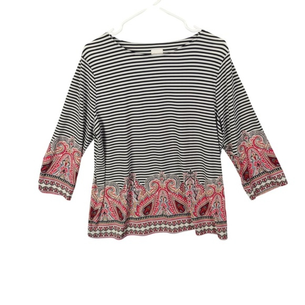 Chicos Womens Nautical Classic Feminine Striped Paisley Top 2 L Black 3/4 Sleeve
